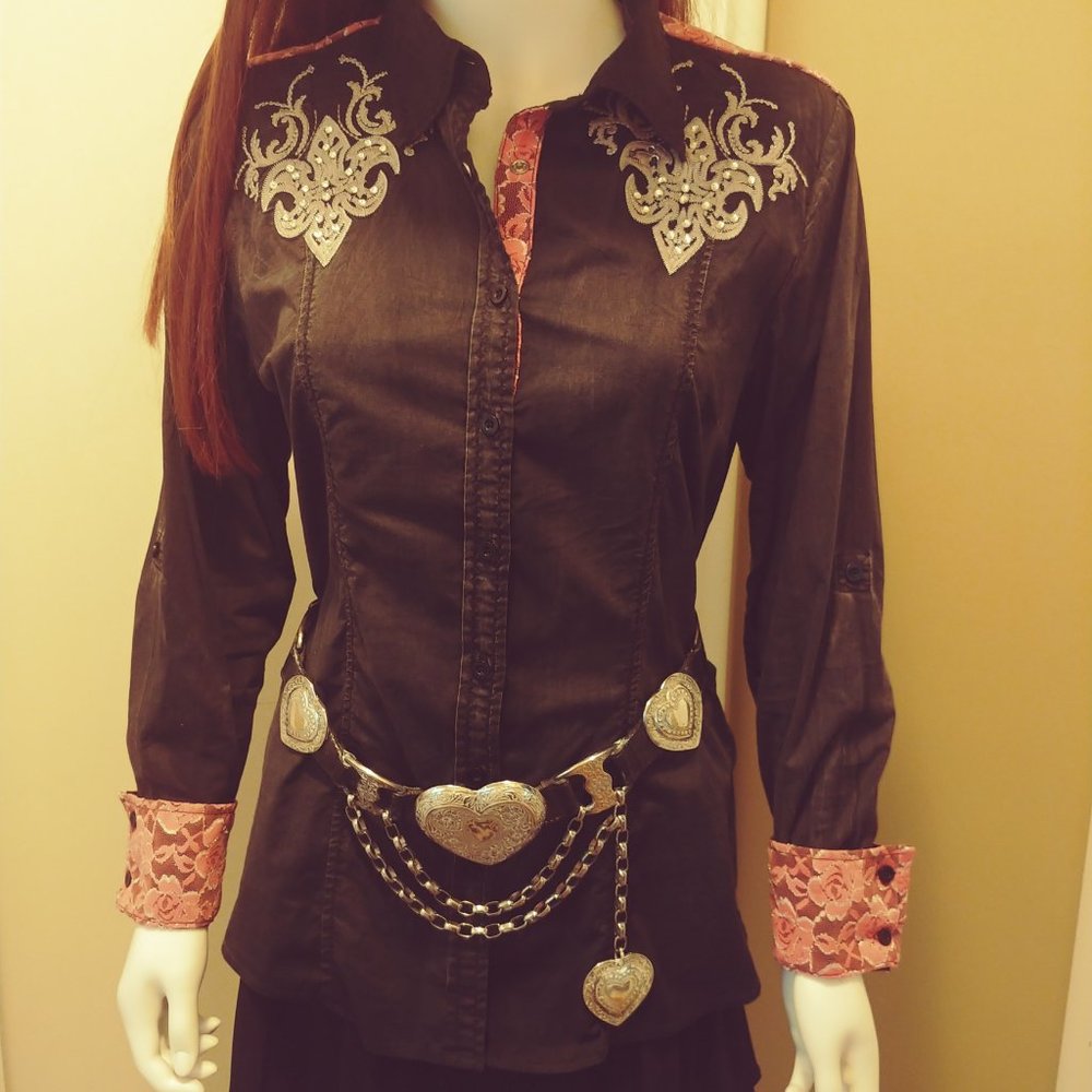 Embroidered Western Style Shirt with Lace and Sequins - Picture 1 of 16